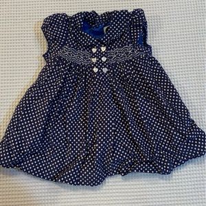 Navy Smocked corduroy dress with heart buttons and liner 6-9 months.